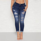Women's High-Waisted Skinny Jeans with Destroyed Inserts and Cuffed Hem Fashion Glam