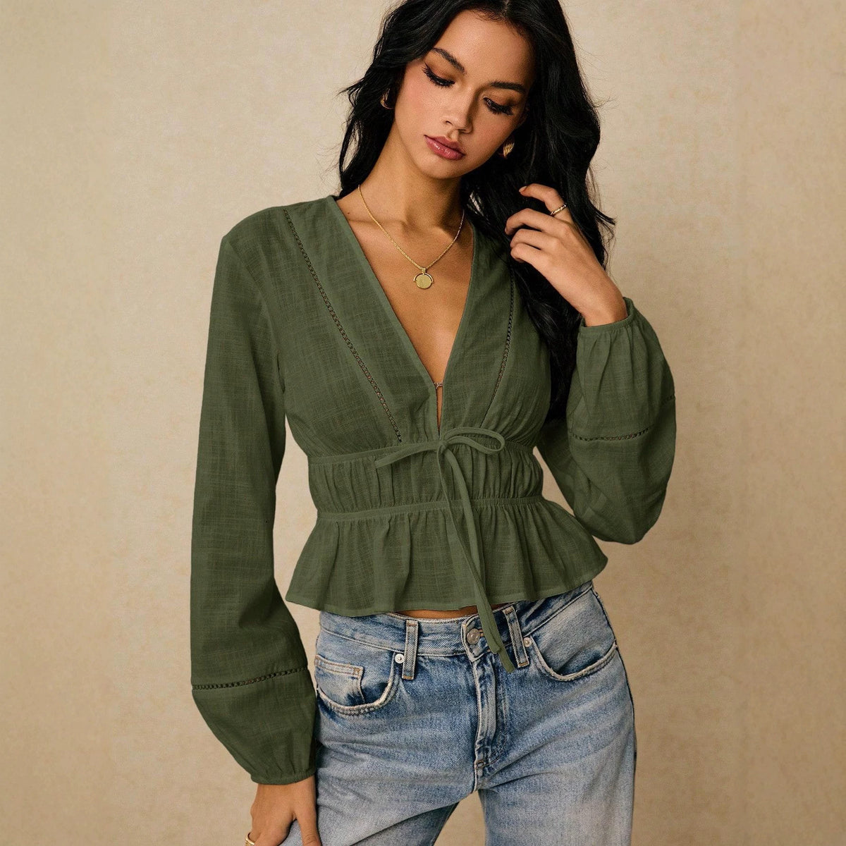 Women Deep Cut Blouse with Drawstring Waist, Ruffled Hem and Decorative Hole Embroidery Fashion Glam