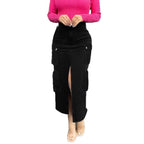 Women high waist cargo denim midi skirt with front slit and flap pockets Fashion Glam