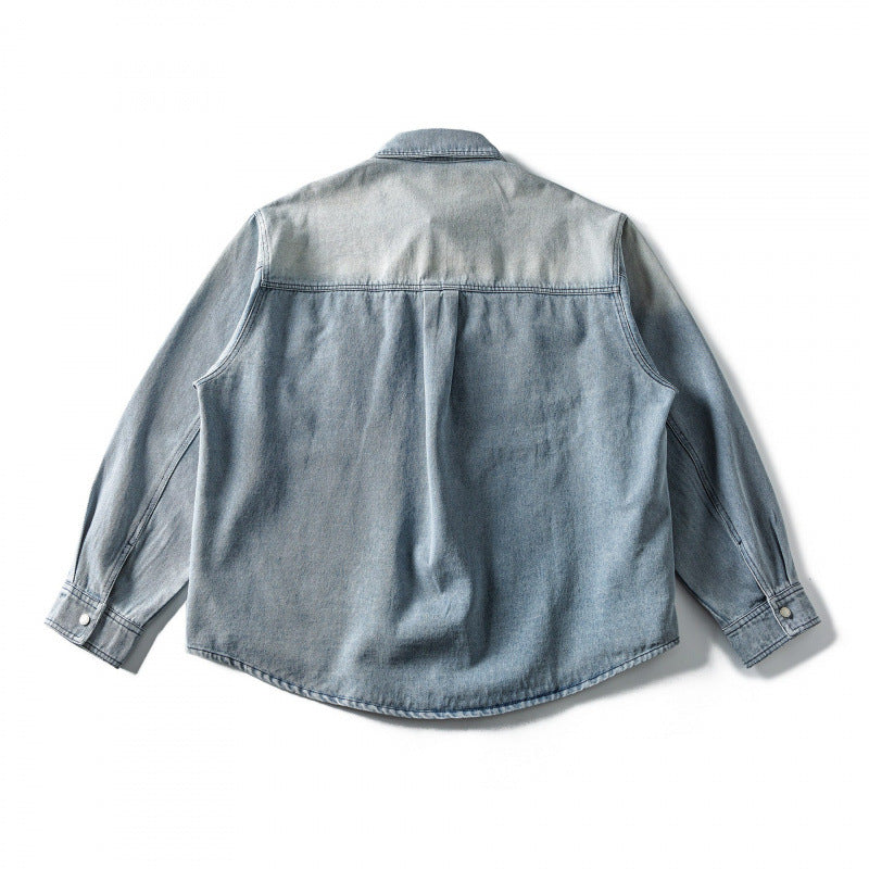 Unisex Oversize Denim Shirt Jacket in Vintage Wash with Chest Flap Pockets and Rounded Hem Fashion Glam