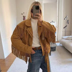 Women Short Suede Biker Jacket with Oversized Silhouette and Long Fringes Fashion Glam
