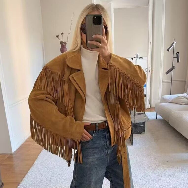 Women Short Suede Biker Jacket with Oversized Silhouette and Long Fringes Fashion Glam