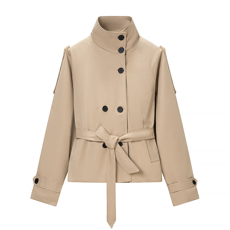Women's Short Tailored Trench Coat with High Stand Collar and Tie Belt Fashion Glam