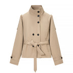 Women's Short Tailored Trench Coat with High Stand Collar and Tie Belt Fashion Glam