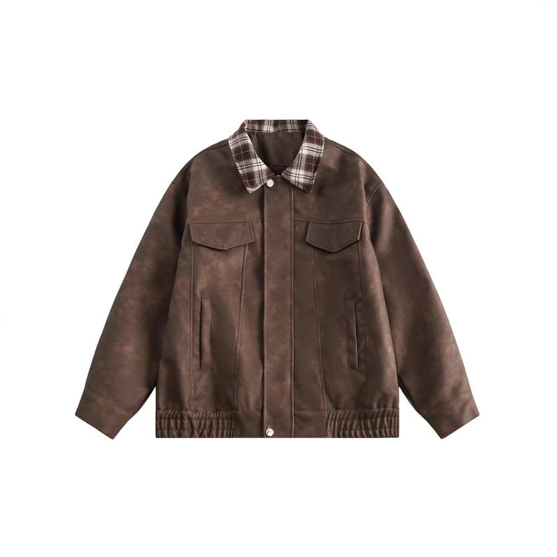 Men's suede look bomber jacket with checked shirt collar, flap pockets, and elastic hem Fashion Glam