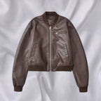Women Short Leather Look Bomber Jacket with Ribbed Cuffs and Chest Zipper Pocket Fashion Glam
