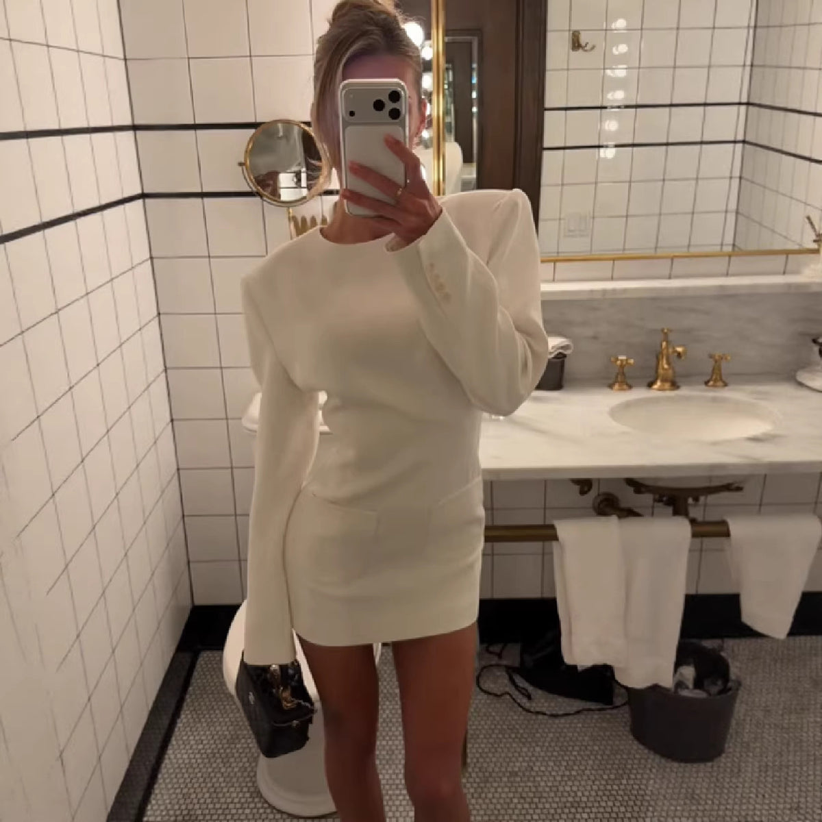 Women Figure-Hugging Long Sleeve Mini Dress with Emphasized Shoulder Area and Patch Pockets Fashion Glam