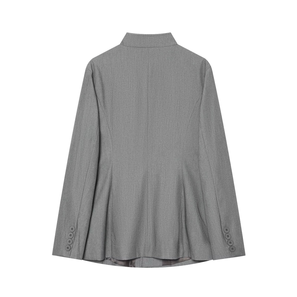 Women's Long Cut Blazer with Stand-up Collar and Full Length Button Placket Fashion Glam