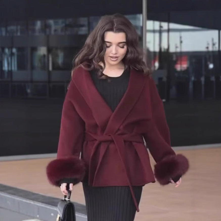 Women's Oversized Wrap Coat with Shawl Collar and Fur Trim on the Sleeves Fashion Glam