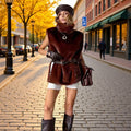 Women Short Sleeveless Faux Fur Vest with High Collar and Waist Belt Fashion Glam