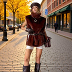 Women Short Sleeveless Faux Fur Vest with High Collar and Waist Belt Fashion Glam