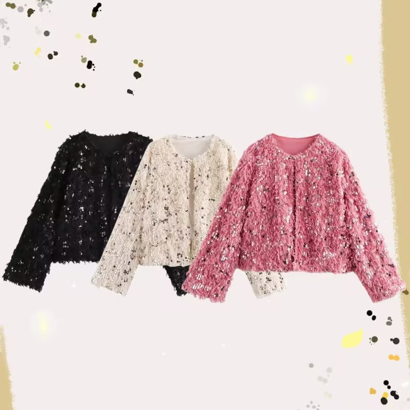 Women's Cropped Jacket made of fluffy Faux Fur with sequin trim Fashion Glam