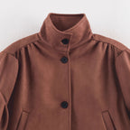 Women's short-cut suede-look jacket with stand-up collar, balloon sleeves, and pocket flaps Fashion Glam
