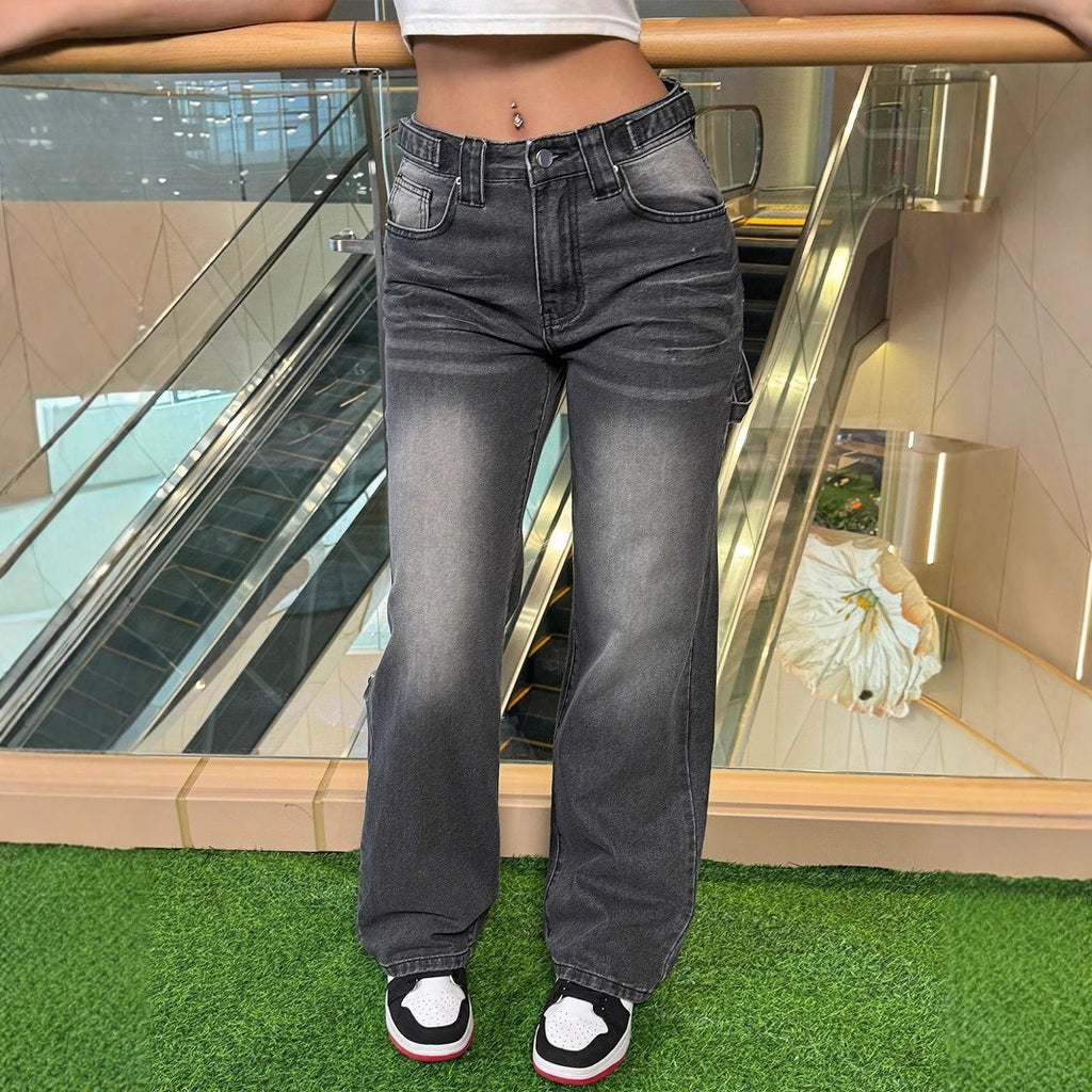 Women's High-Waisted Casual Wide-Leg Denim Pants with Vintage Wash and Extra Length Fashion Glam