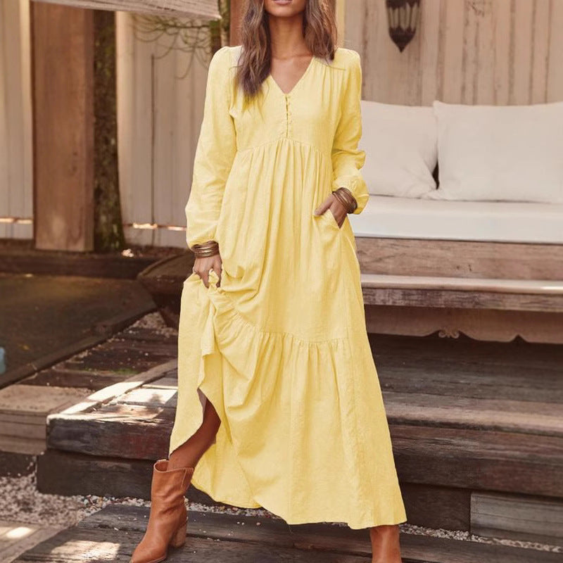 Ladies Long Tiered Dress made of Linen Blend with V-Neck and Side Pockets Fashion Glam