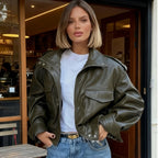 Women Short Fitted Leather Look Bomber Jacket with Stand-Up Collar, Shoulder Epaulettes and Patch Pockets Fashion Glam