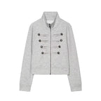 Women's Cropped Sweat Jacket in Military Look with Stand-up Collar and Decorative Button Placket Fashion Glam