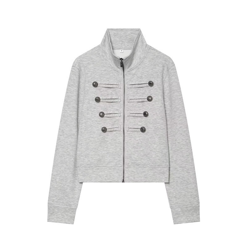 Women's Cropped Sweat Jacket in Military Look with Stand-up Collar and Decorative Button Placket Fashion Glam