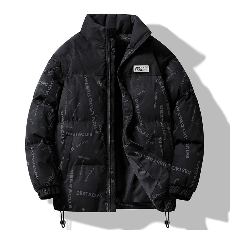 Men's Padded Quilted Jacket with Graphic Text Print, Stand Collar and Adjustable Hem Fashion Glam