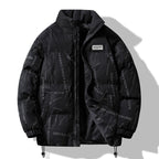 Men's Padded Quilted Jacket with Graphic Text Print, Stand Collar and Adjustable Hem Fashion Glam