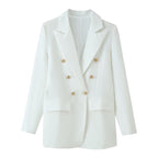 Women double-breasted longline blazer with lapel collar and decorative buttons Fashion Glam