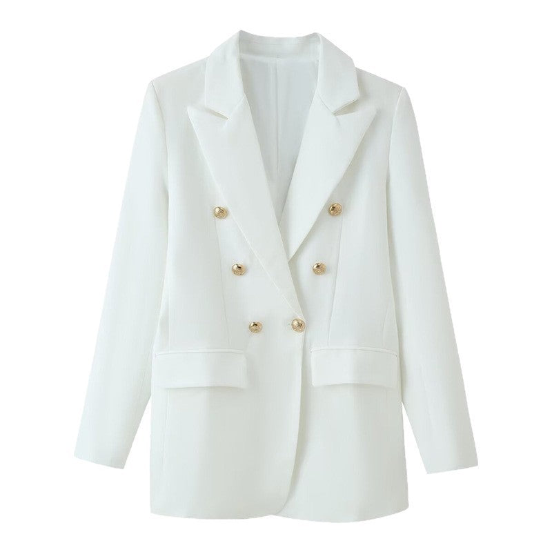 Women double-breasted longline blazer with lapel collar and decorative buttons Fashion Glam