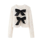 Women Sequin Cropped Jacket with Open Front Panels and Large Satin Ribbons Fashion Glam