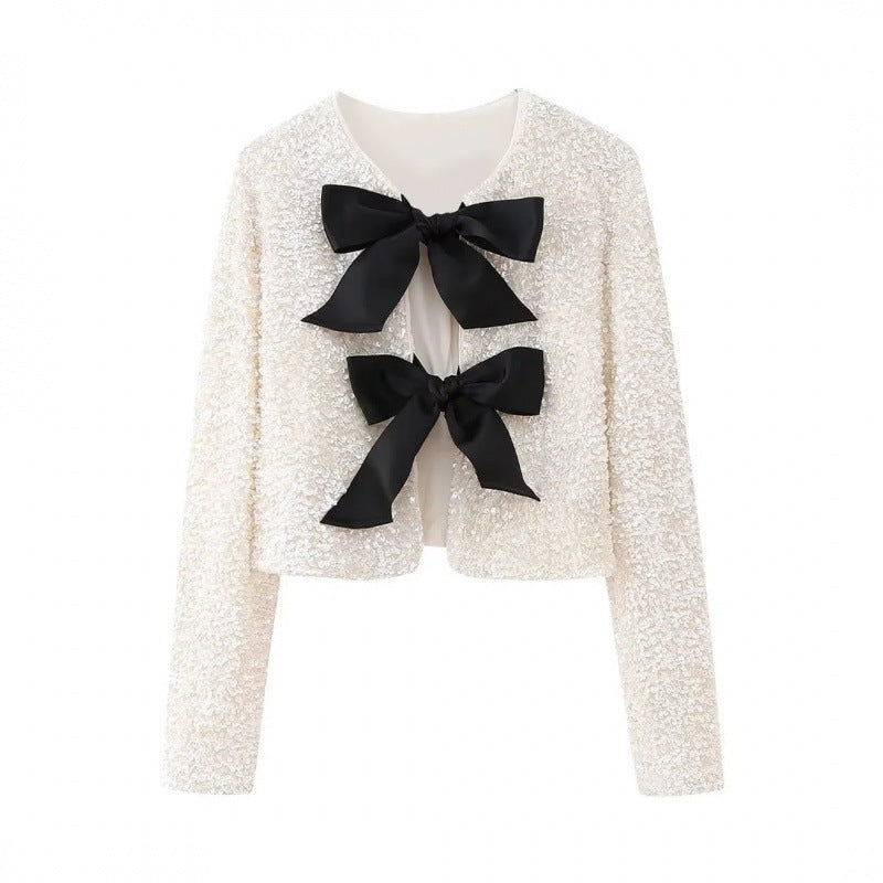 Women Sequin Cropped Jacket with Open Front Panels and Large Satin Ribbons Fashion Glam