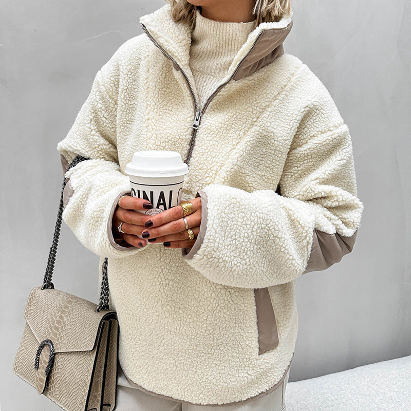 Women's Oversized Sherpa-Fleece Pullover with Half Zipper and Kangaroo Pocket Fashion Glam