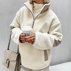 Women's Oversized Sherpa-Fleece Pullover with Half Zipper and Kangaroo Pocket Fashion Glam