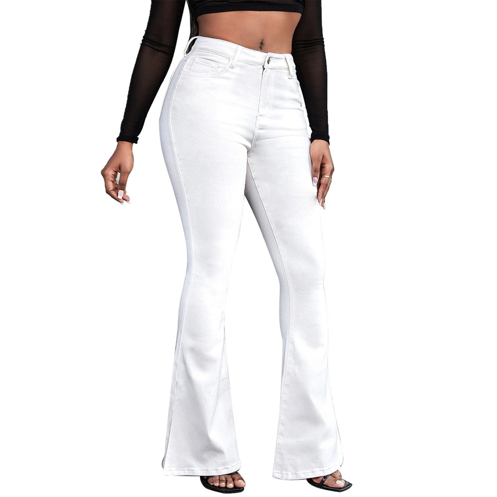Women’s high-waisted flared trousers made of stretch denim with a center seam and figure-hugging cut Fashion Glam
