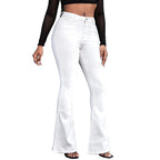 Women’s high-waisted flared trousers made of stretch denim with a center seam and figure-hugging cut Fashion Glam