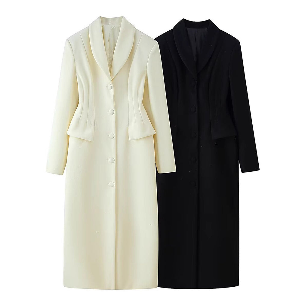 Women's tailored long coat with shawl collar and peplum waist Fashion Glam