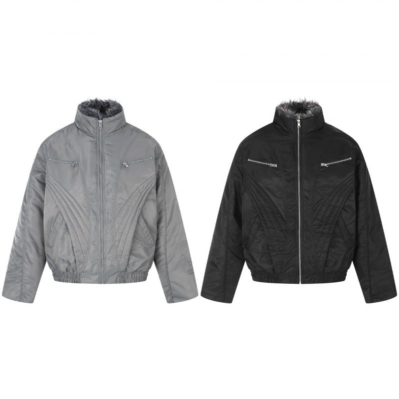 Men's short jacket in retro puffer style with high-closing faux fur collar and decorative wave quilting Fashion Glam
