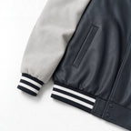 Men's Varsity Faux Leather College Jacket with Contrast Sleeves, Embroidered Patches and Ribbed Hem Fashion Glam