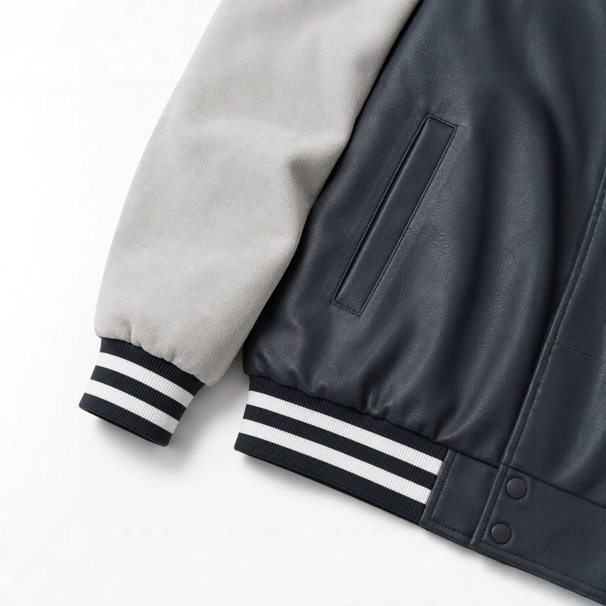 Men's Varsity Faux Leather College Jacket with Contrast Sleeves, Embroidered Patches and Ribbed Hem Fashion Glam