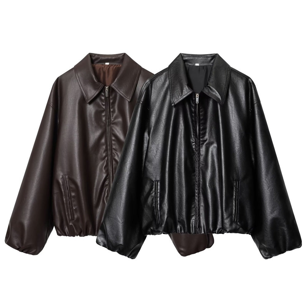 Women's short-cut oversized blouse jacket made of vegan leather with shirt collar and elastic hem Fashion Glam