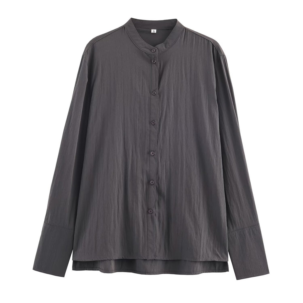Women's Oversized Shirt Blouse with Mandarin Collar and Full Button Placket Fashion Glam