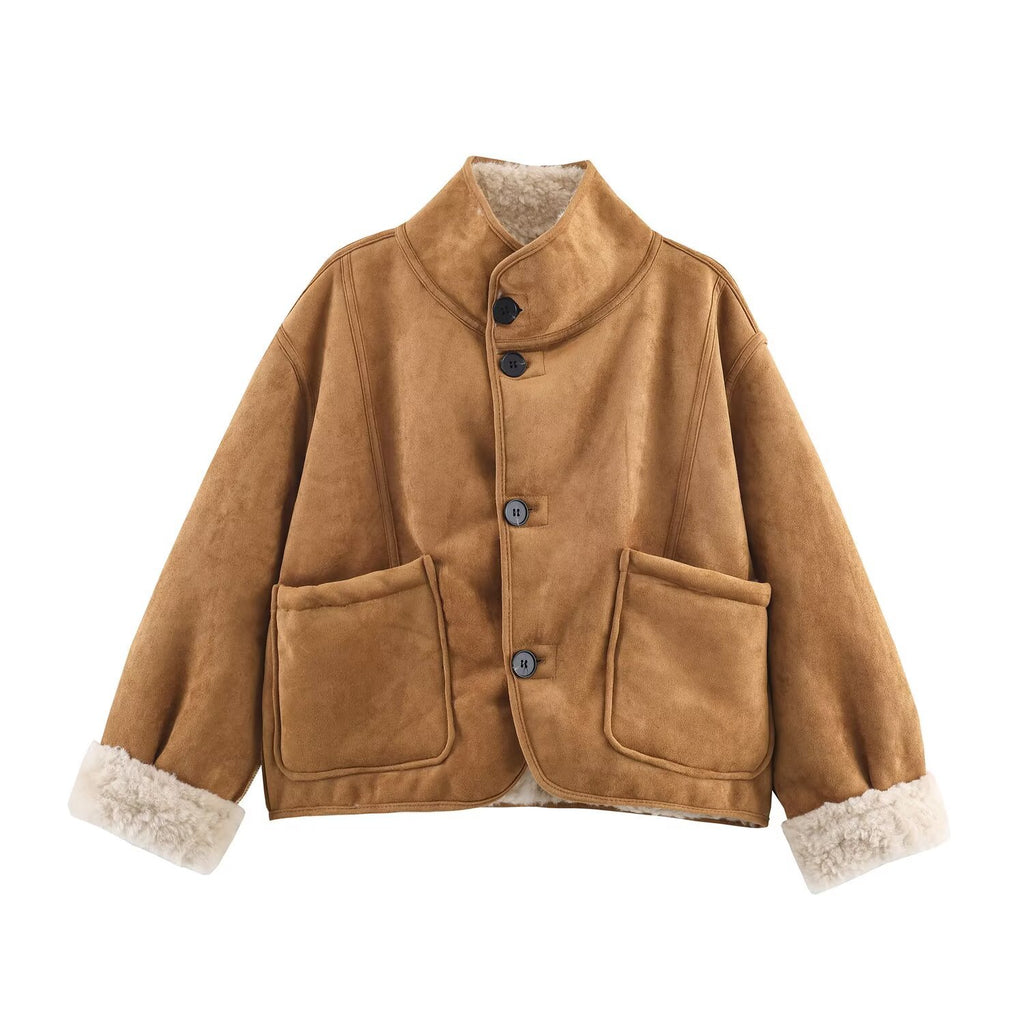 Women's Short Lambskin Imitation Jacket in Boxy Cut with Stand-Up Collar and Large Outer Pockets Fashion Glam