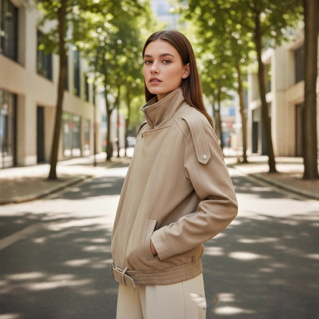 Women's short jacket in suede look with high stand-up collar, shoulder flaps and waist belt Fashion Glam