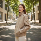 Women's short jacket in suede look with high stand-up collar, shoulder flaps and waist belt Fashion Glam