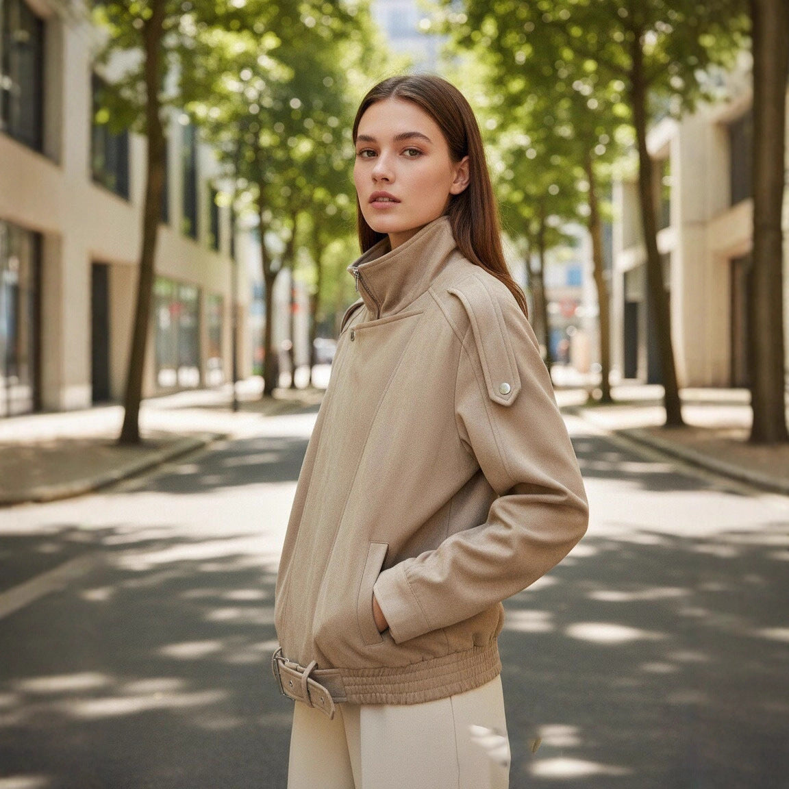Women's short jacket in suede look with high stand-up collar, shoulder flaps and waist belt Fashion Glam