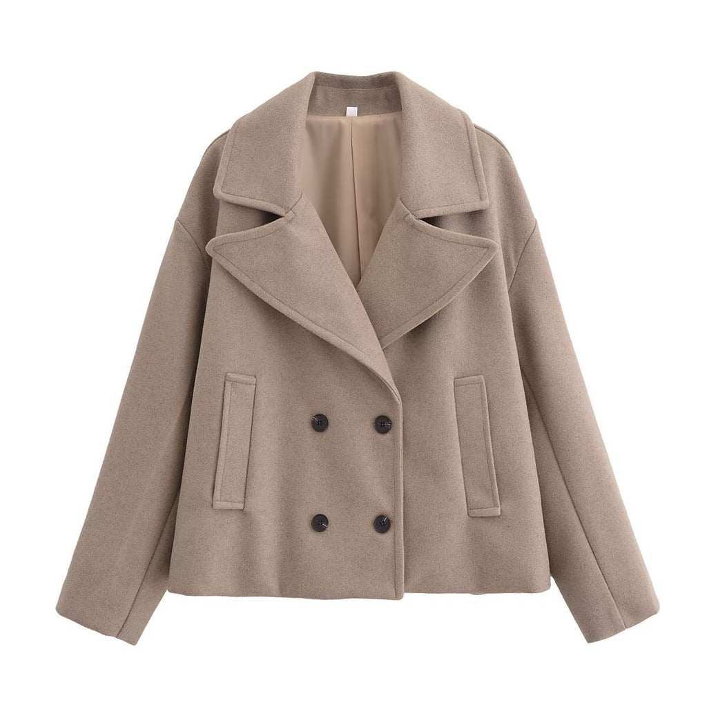 Women's Short Cut Double-Breasted Wool Blend Coat with Oversized Lapel Fashion Glam
