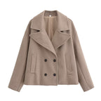 Women's Short Cut Double-Breasted Wool Blend Coat with Oversized Lapel Fashion Glam