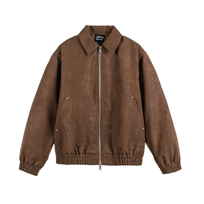 Men's leather-like blouson with shirt collar, two-way zipper, and elastic hem Fashion Glam