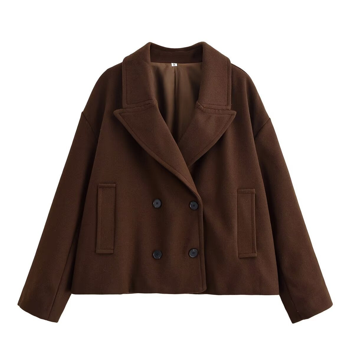 Women's Short Cut Double-Breasted Wool Blend Coat with Oversized Lapel Fashion Glam
