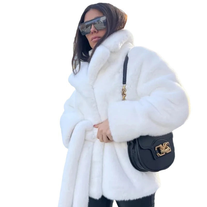 Women’s short coat made of dense faux fur with a tie belt and high stand-up collar Fashion Glam