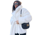Women’s short coat made of dense faux fur with a tie belt and high stand-up collar Fashion Glam