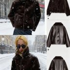Women Boxy Faux Leather Jacket with Faux Fur Collar, Lambswool Imitation Lining and Button Closure Fashion Glam