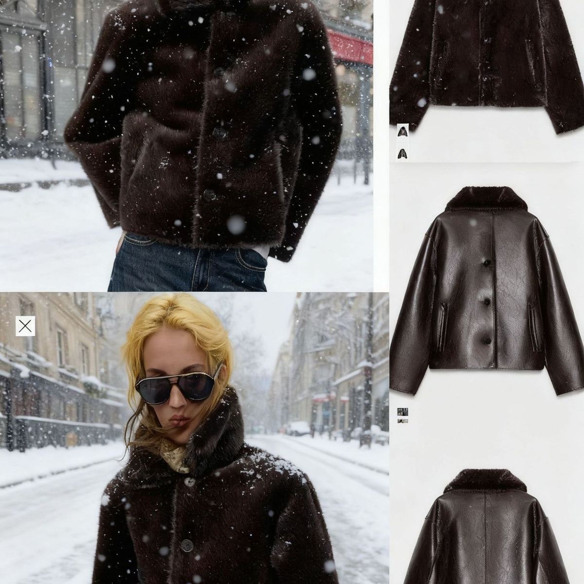 Women Boxy Faux Leather Jacket with Faux Fur Collar, Lambswool Imitation Lining and Button Closure Fashion Glam
